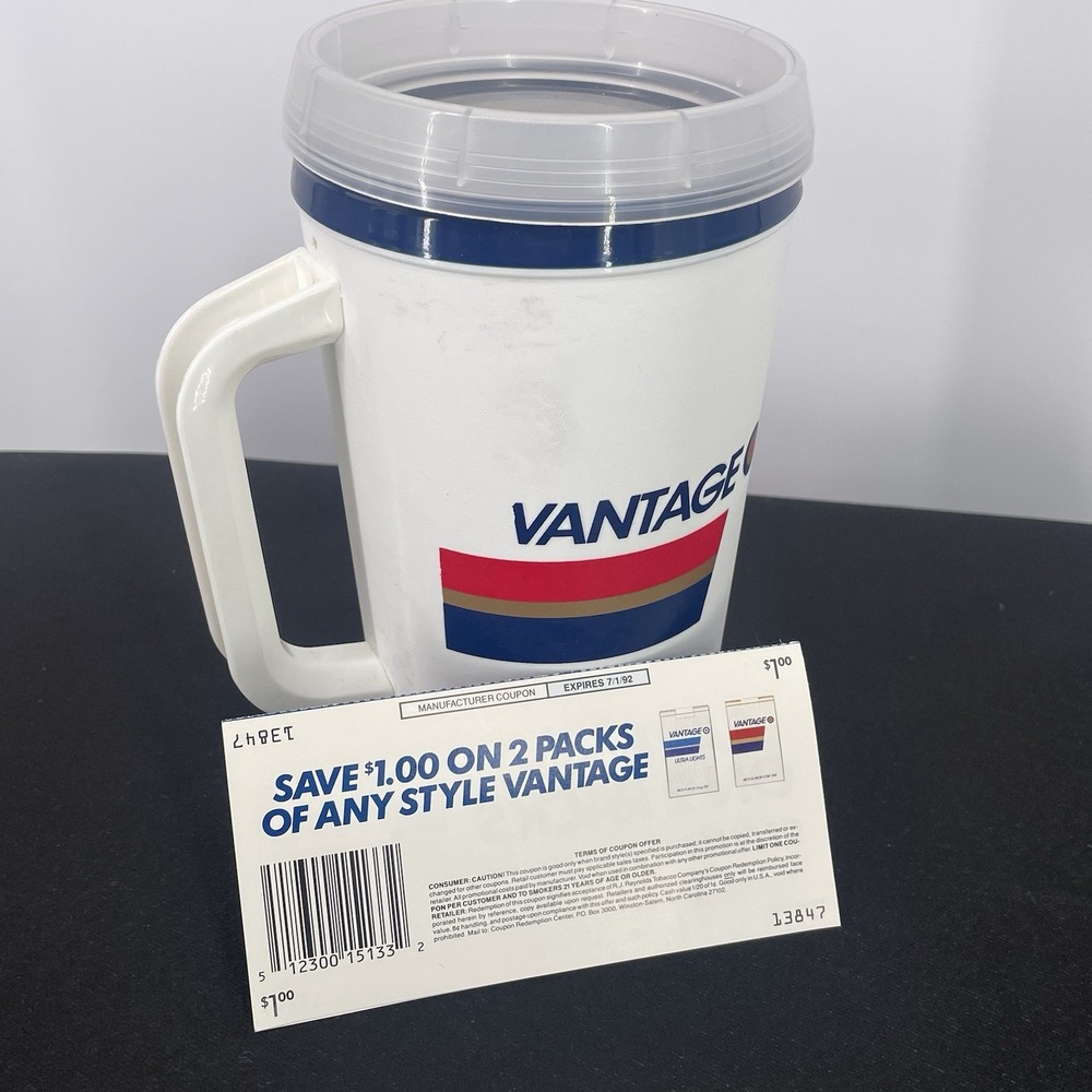 New Vintage 90s Aladdin‎ Vantage Cigarettes Travel Mug Cup White Old Stock